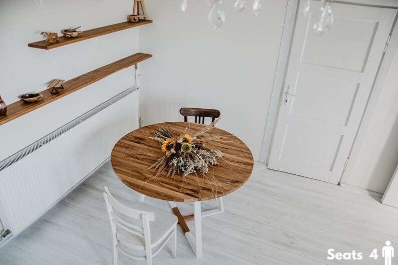 Extendable round kitchen table, modern dining room table, table with extendable oak top, rectangular table with steel frame, MÅNE WHITE image 2