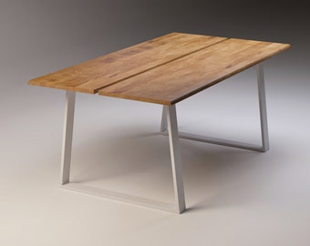 Table en chêne massif SLICE WHITE. Design unique, style minimaliste. Table à manger blanche de haute qualité en bois massif et acier