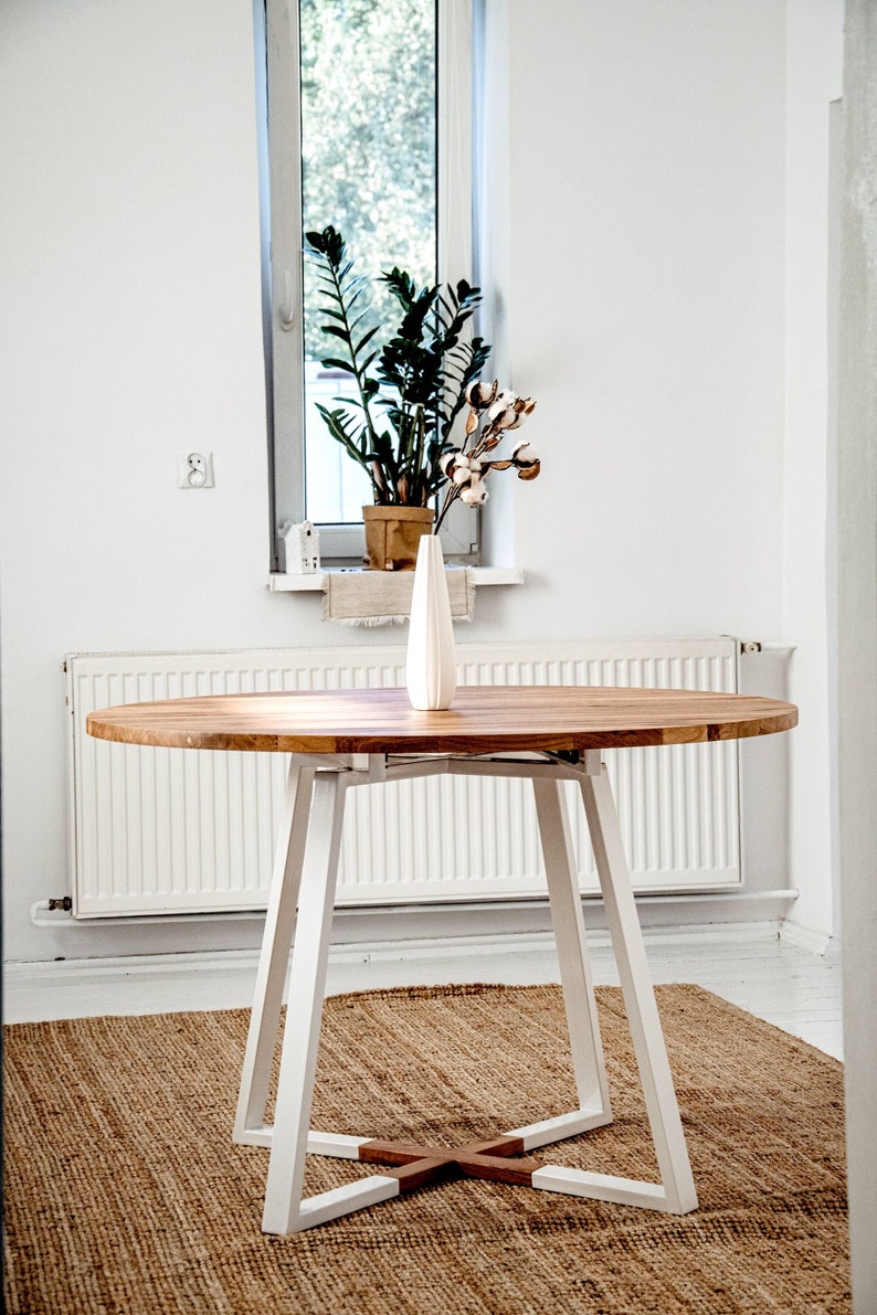 Extendable round kitchen table, modern dining room table, table with extendable oak top, rectangular table with steel frame, MÅNE WHITE image 1