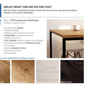 May include: A wooden table with a black metal frame, showcasing a modern design. The image also displays wood finish options and color choices, along with text about the furniture's features and customization options.