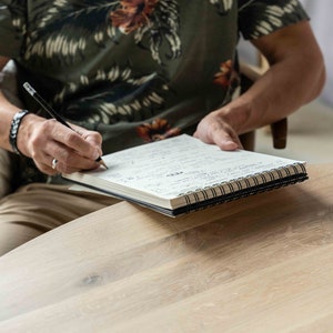 May include: A person is writing in a spiral bound notebook with a black pencil on a wooden table. The notebook is open to a blank page. A pink candle is in the background.