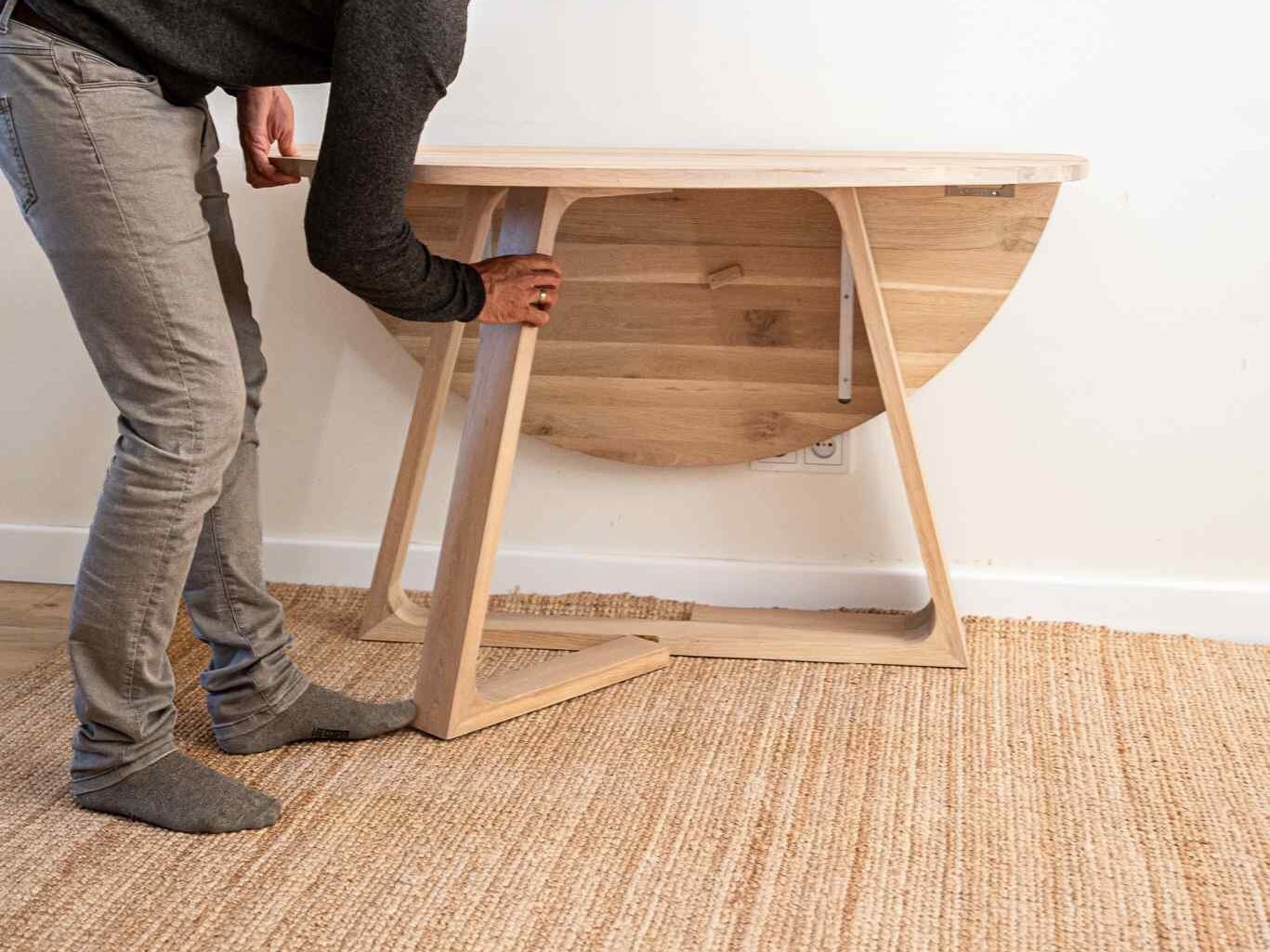 Compact, Drop-leaf, Foldable Table Solid Oak Round Dining Table. Raw ...