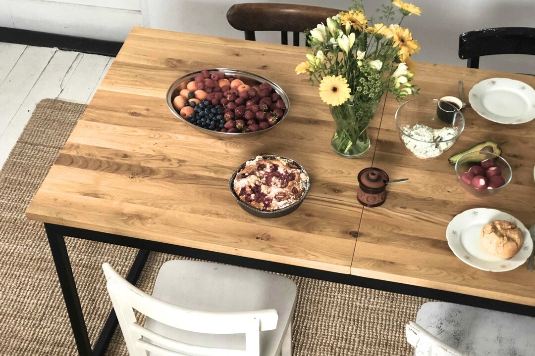 Extendable Dining Table, Industrial Black Table, Solid Oak Wood Table ...