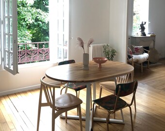 Perfect oval dining table. Extendable table  made of solid oak & steel MÅNE OVAL. White frame. High-quality from the small manufacturer