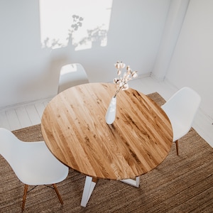 Extendable round kitchen table, modern dining room table, table with extendable oak top, rectangular table with steel frame, MÅNE WHITE image 3