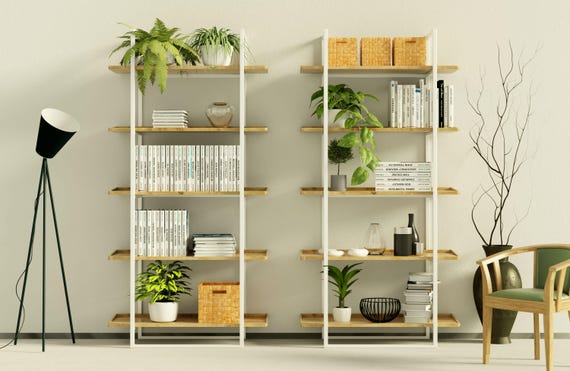 Art Deco Bookshelf With Steel Frame And Solid Wooden Shelves Etsy