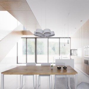 May include: A modern dining room with a wooden table and white chairs. The room has large windows with a view of trees and a white ceiling with a modern light fixture.