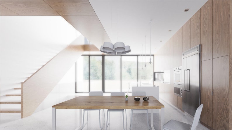 May include: A modern dining room with a wooden table and white chairs. The room has large windows with a view of trees and a white ceiling with a modern light fixture.