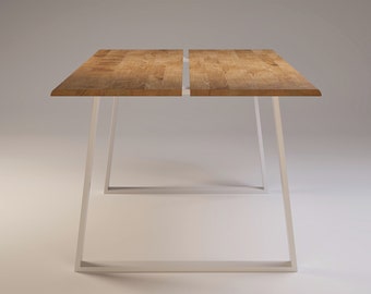 Table moderne minimaliste pour la salle à manger et la cuisine. Cadre en acier blanc, bois de chêne massif. Haut fendu, SLICE WHITE