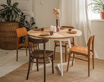 Extendable round dining table. Oak Scandinavian table, steel frame. Harringbone pattern.Handmade white table FJÄRIL WHITE. Up to 10 seats