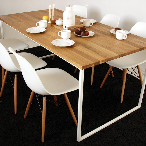 Scandinavian dining table BASIC TRE, handmade modern table, white steel frame kitchen table, solid oak wood top, nordic style design table