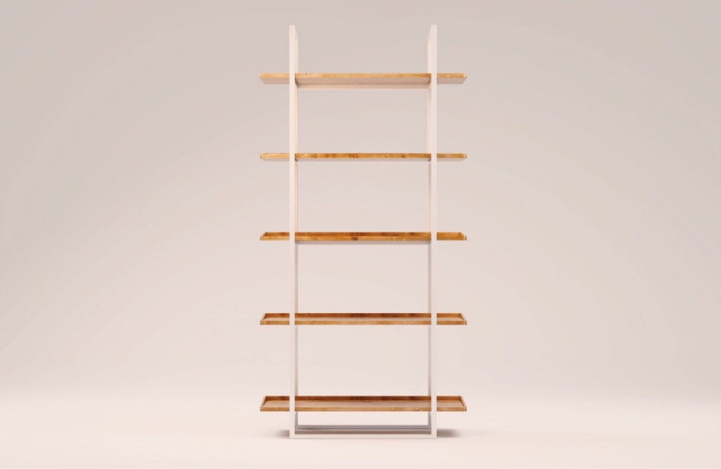 Puede incluir: Una estanter&iacute;a de metal blanco con cinco estantes de madera. Los estantes est&aacute;n hechos de madera natural con un acabado marr&oacute;n claro.