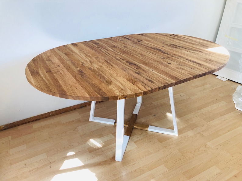 Extendable round kitchen table, modern dining room table, table with extendable oak top, rectangular table with steel frame, MÅNE WHITE image 5