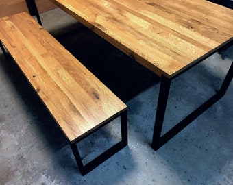 Modern solid oak table with bench  BLACK FOREST 140-200x90x75cm. Strong metal frame. Loft style. Handmade, Eco-friendly, Natural Wood Oil.