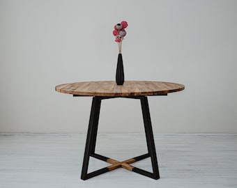 Wood and steel conference table Round extendable meeting room table Round conference room table with steel frame Black frame MÅNE BLACK