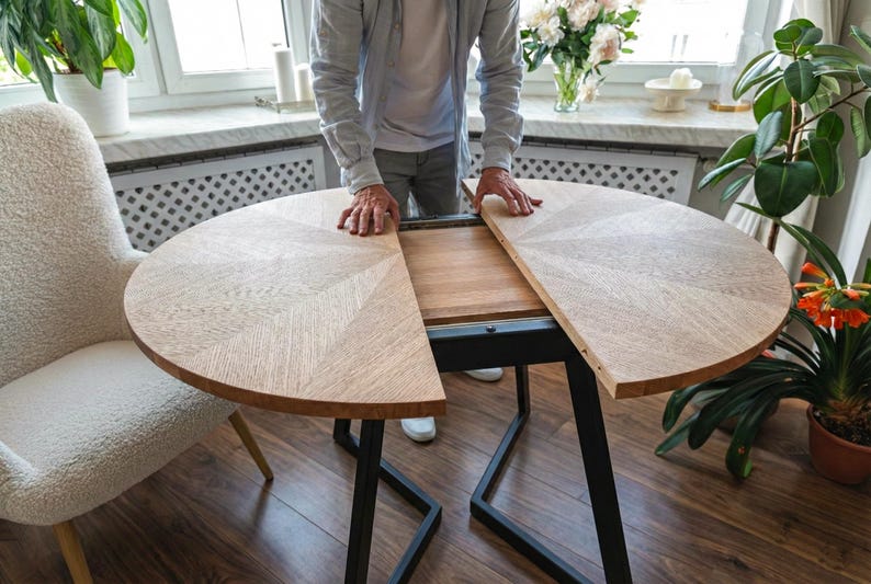 Table à Manger Ronde Extensible en Chêne | Motif Grain en Étoile | Table Artisanale en Bois Massif | FJÄRIL LUMI | Scandinave | Extensible image 5