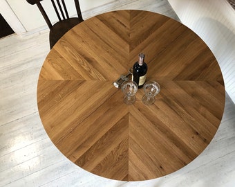 Extendable/Nonextendable round dining table, oak herringbone table, handmade, handcrafted steel extending black table, FJÄRIL BLACK