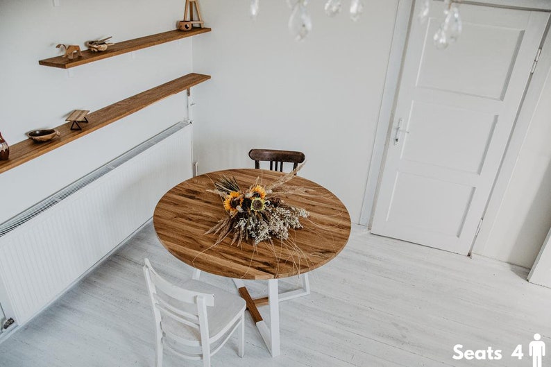 Round extendable kitchen table, modern dining table, white extending oak table, wooden table with white frame MÅNE WHITE imagen 2