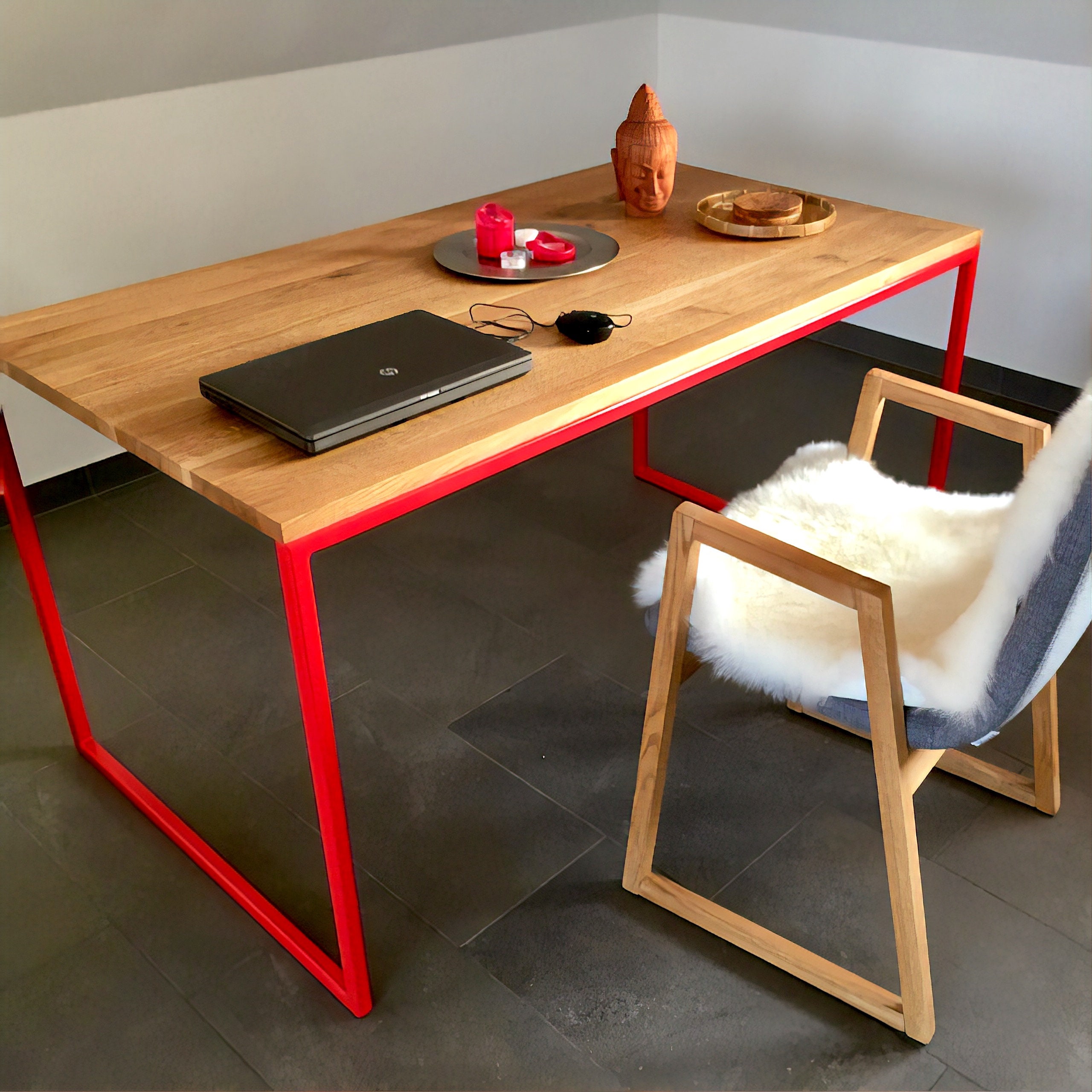 Industrial red dining table BASIC RED II. Oak wood & steel. Restaurant Conference Exhibition table. Loft, minimal, scandinavian. Handicraft