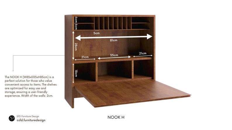 Table Murale Fonctionnelle en Chêne: Bureau, Poste de Travail Flottant pour Ordinateur Portable, Unité de Rangement avec Étagères NOOK image 8