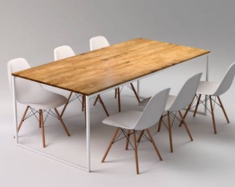 Table en chêne scandinave pour la salle à manger, la cuisine, le bureau. Cadre en acier blanc. Faite à la main BASIC TRE II de qualité.