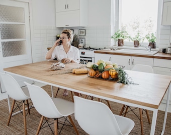 Steel frame kitchen table, table with white legs, white frame oak table, oak wood table top, dining table, bar table, oak desk BASIC TRE II