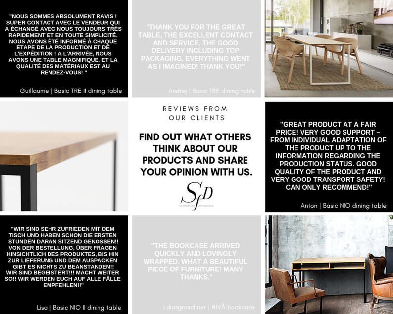 May include: A collage of customer reviews for a dining table and a bookcase. The reviews highlight the quality of the products, the excellent customer service, and the fast shipping. The text in the image reads "Find out what others think about our products and share your opinion with us."