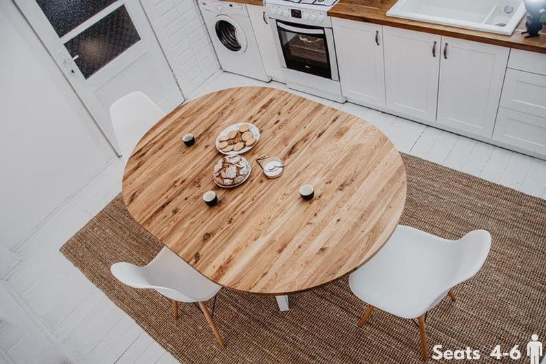 Round extendable kitchen table, modern dining table, white extending oak table, wooden table with white frame MÅNE WHITE imagen 5