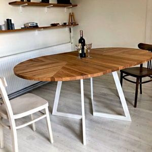 Extendable/Nonextendable round dining table. Oak Scandinavian table with steel frame. Handmade white table FJÄRIL WHITE. Up to 10 seats