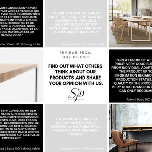 May include: A collage of customer reviews for a dining table and a bookcase. The reviews highlight the quality of the products, the excellent customer service, and the fast shipping. The text in the image reads "Find out what others think about our products and share your opinion with us."
