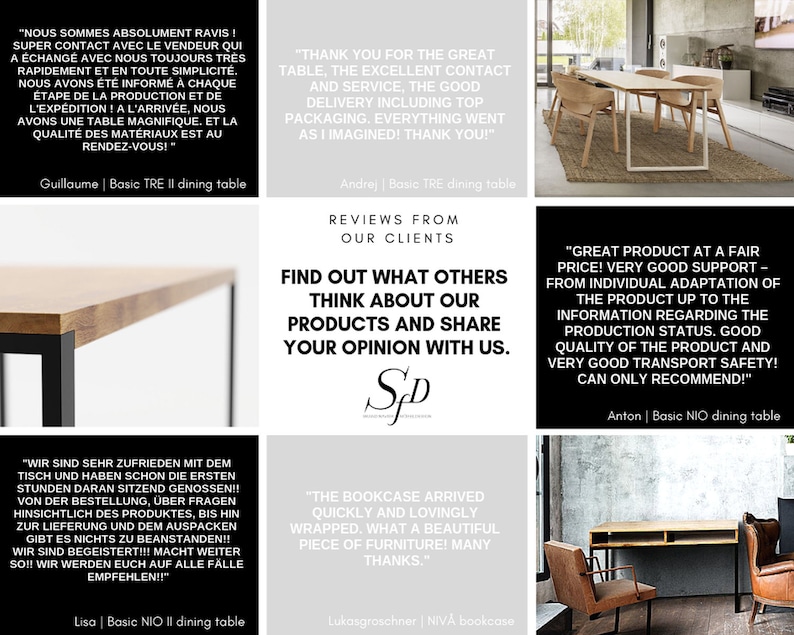 May include: A collage of customer reviews for a dining table and a bookcase. The reviews highlight the quality of the products, the excellent customer service, and the fast shipping. The text in the image reads "Find out what others think about our products and share your opinion with us."