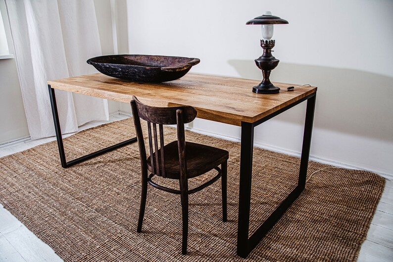 Best rectangular Scandinavian-style table/desk. Oiled oak wood. Powder-coated painted steel frame BLACK FOREST 160x80x75. Eco-friendly image 1