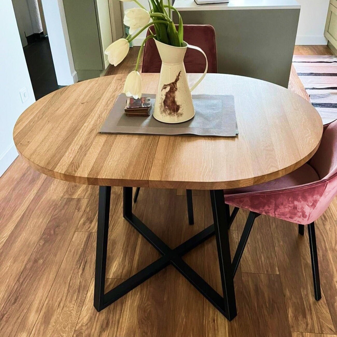 Round Extendable Dining Table Made of Oak and Steel MÅNE 