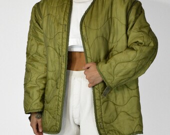 Vintage Green Liner Jacket | Unisex Wavy Quilted Nylon Coat