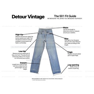 Puede incluir: Un pantal&oacute;n vaquero de mezclilla azul claro con una gu&iacute;a de ajuste 501. La imagen incluye etiquetas de texto para cintura, cadera alta, cadera baja, tiro, muslo, entrepierna y abertura de pierna con flechas que indican los puntos.