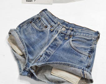 Vintage Levi&#39;s 501 Selvedge Redline Jean Shorts 24 Waist, 1970s Made in USA, 100% Cotton Denim, Button Fly