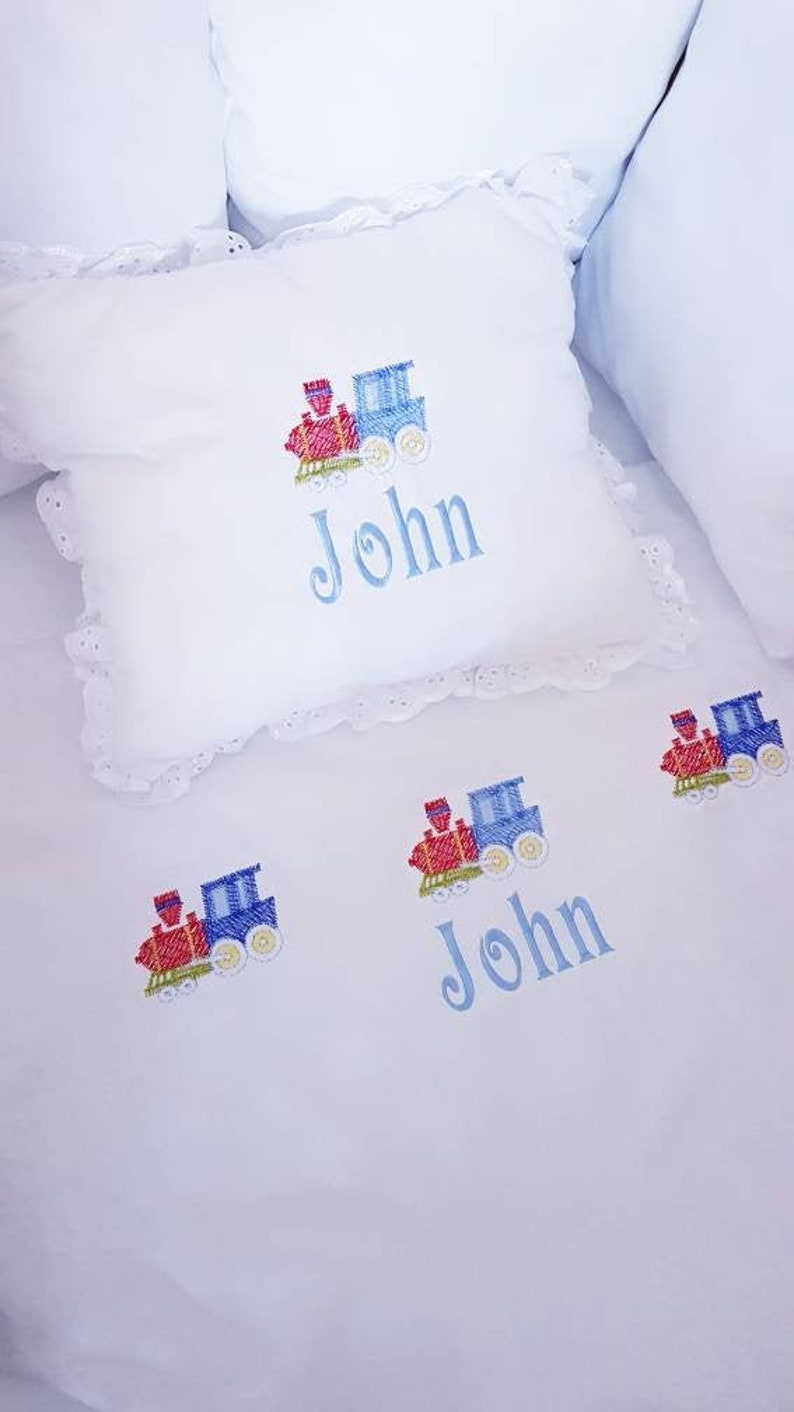 Bedding With Train Embroidery Free Personalisation Train Cot Etsy