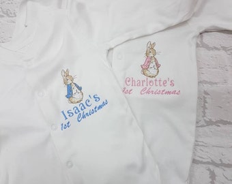 Embroidered Rabbit first occasion personalised sleepsuit - Birthday, Easter, Hanukkah, Christmas etc-Mopsy, Peter or Jamima