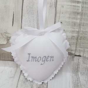 Heart shaped personalised nursery decor, pram charm baby shower gift, embroidered Christmas tree decorations, girlfriend gift for partner