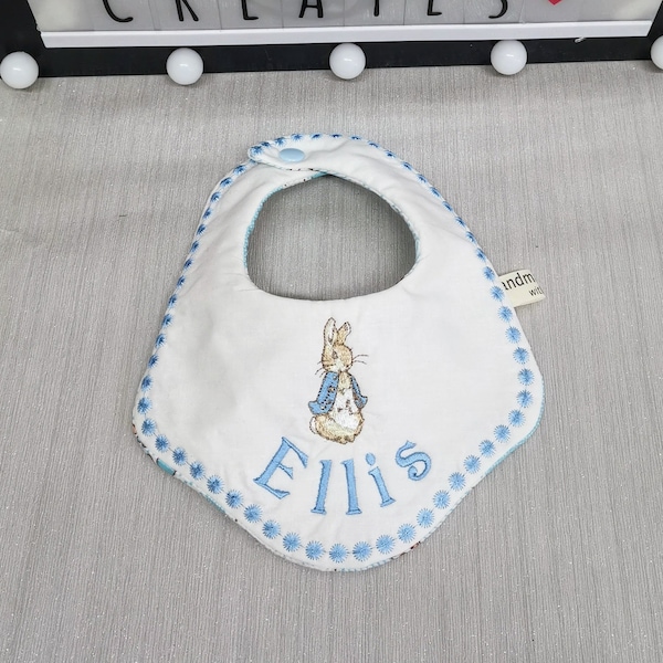 Personalised handmade bib, embroidered with rabbit and name of choice, gift for new mum, baby dribble, breast or bottle feeding