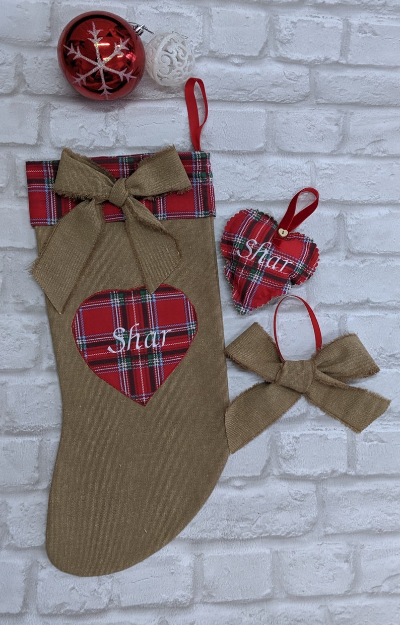 Red or Green Plaid Embroidered Ornament Personalised Christmas Decoration Traditional Tartan Tree Bauble Family Xmas Gift