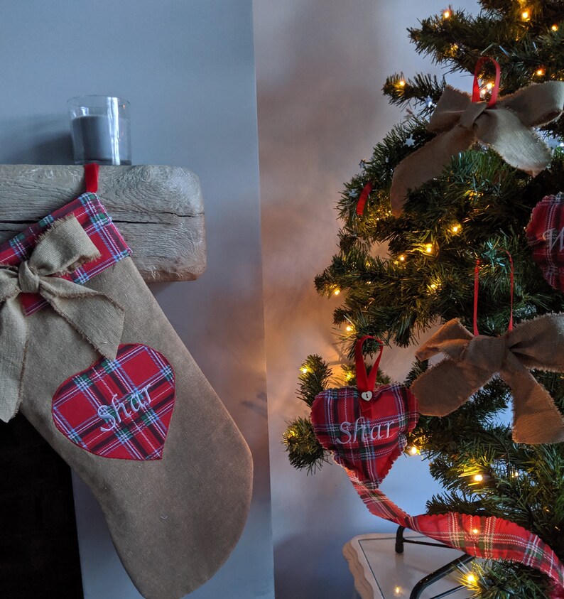 Red or Green Plaid Embroidered Ornament Personalised Christmas Decoration Traditional Tartan Tree Bauble Family Xmas Gift