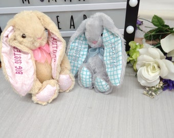 Personalised bunny, flower girl bridesmaid, New Brother or Sister baby Gift, Soft Toy Rabbit, Easter present with name on one ear