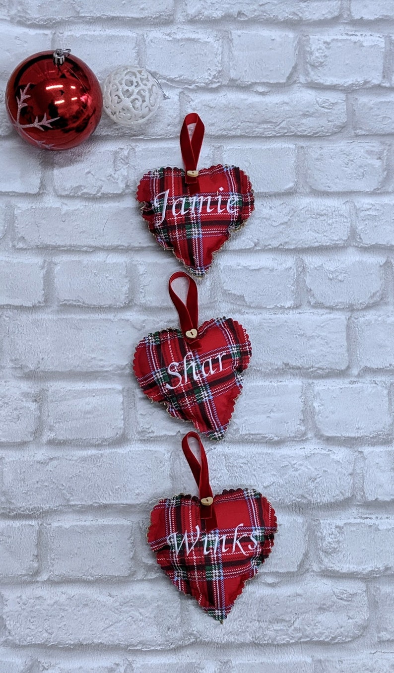 Red or Green Plaid Embroidered Ornament Personalised Christmas Decoration Traditional Tartan Tree Bauble Family Xmas Gift