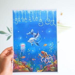Lámina 'Salva el mar' / Póster de delfines / Salva el mar / Lámina / Papel reciclado / Lámina ecológica / Conservación del océano