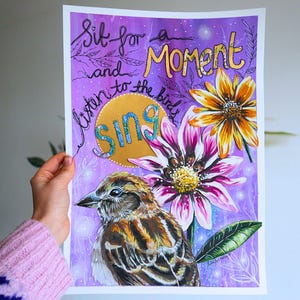 Arte de colagem original em mídia mista A3 / &#39;Sente-se por um momento e ouça os pássaros cantarem&#39; / Arte de vida lenta / Pintura de pardal / Arte de atenção plena