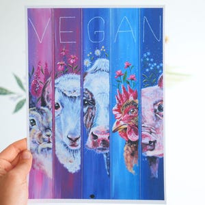 A4 Vegan Art Print / Eco Friendly / Cow , Pig, Chicken, Lamb Painting / Vegan Art/ Vegan Gift/ Vegan Eco Friendly Gift / Art Print/ Wall Art