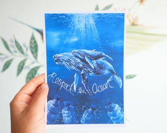 Whale Art Print: Recycled Paper, Ocean Conservation Poster
