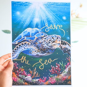 Lámina 'Salva el mar' / Póster de tortugas marinas / Salva el mar / Lámina / Papel reciclado / Lámina ecológica / Conservación del océano
