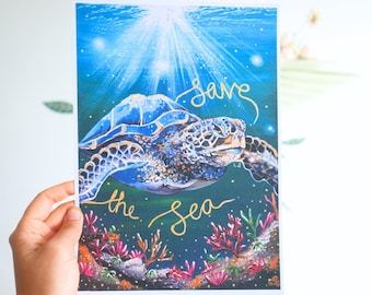 Turtle Art Print: 'Save The Sea' Recycled Paper Poster
